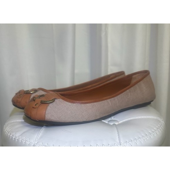 Lauren Ralph Lauren Ballet Flats Tan Canvas Leather Buckle Women's Size 9B - Picture 2 of 12